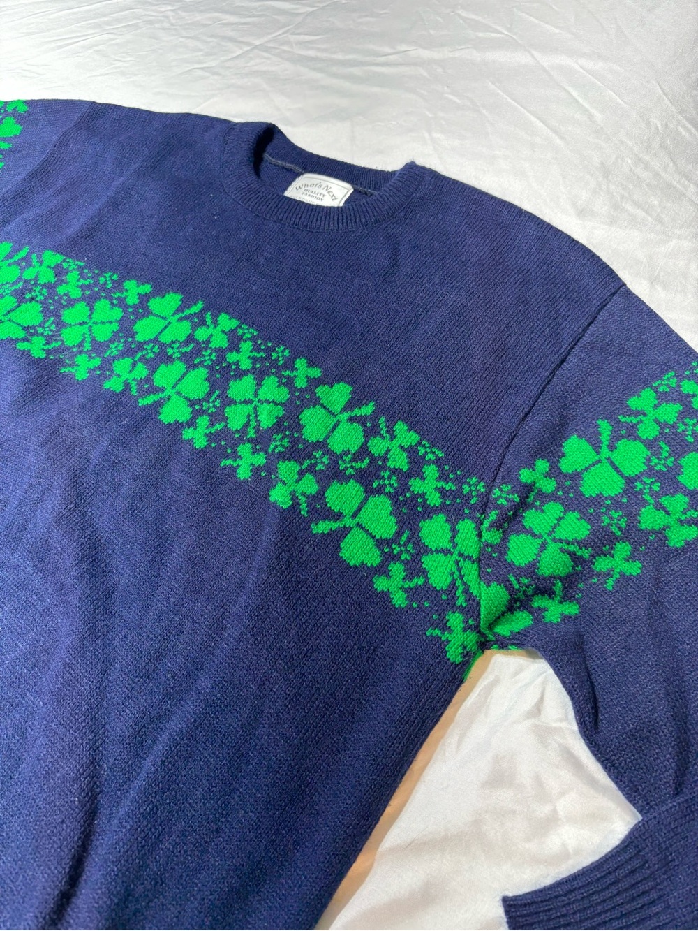 Vintage What's Next Clover Sweater 22x25 AOP Navy Full Wrap Knit Made in USA